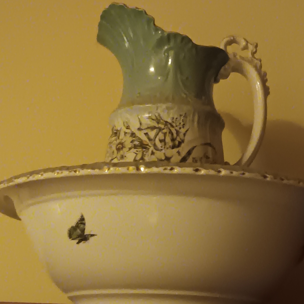 Elegant Green and Cream Ceramic Pitcher and Bowl Set